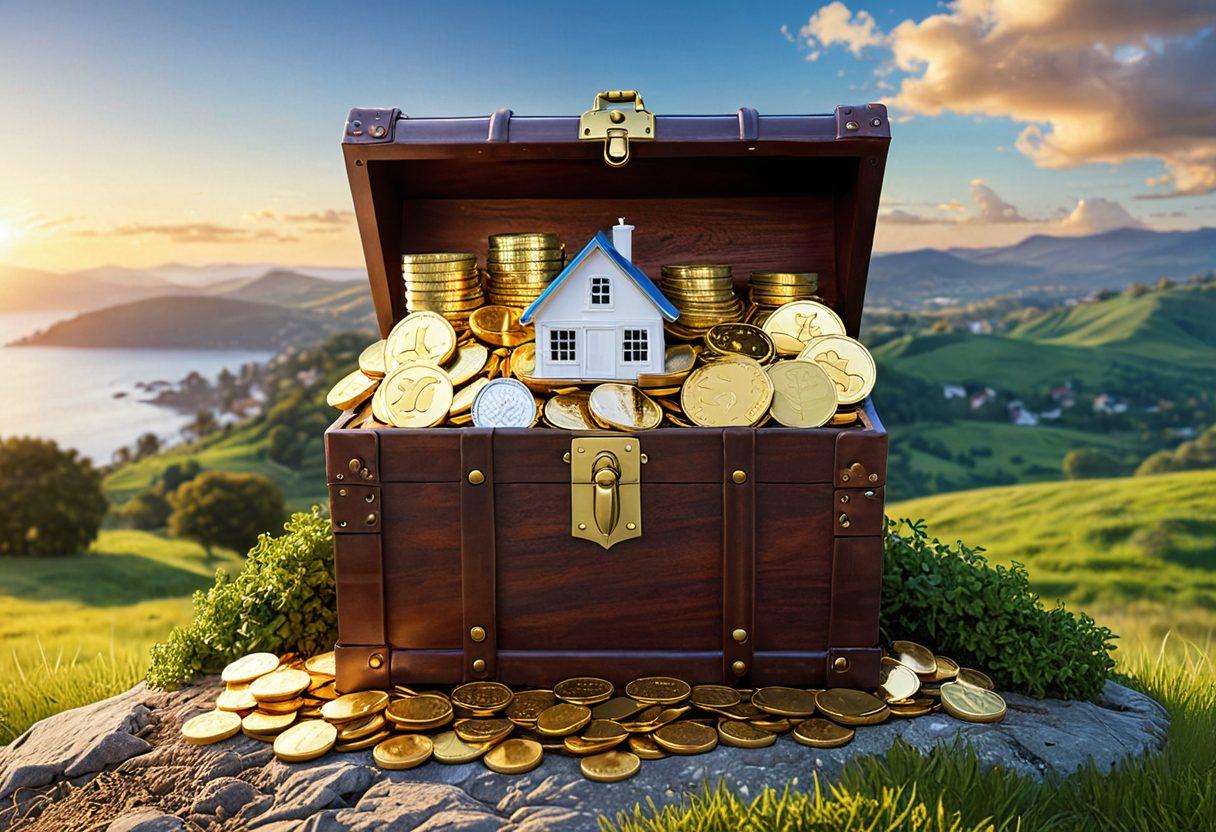A locked treasure chest overflowing with gold coins labeled 'Affordable Coverage', surrounded by various insurance symbols like a house, car, and health cross, set against a scenic backdrop of a tranquil landscape. The light shines on the chest, highlighting the concept of unlocking insurance solutions. super-realistic. vibrant colors. white background.