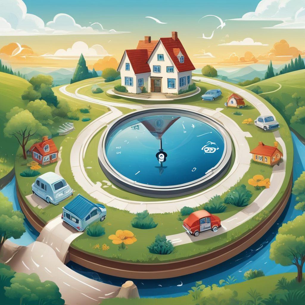 A detailed roadmap winding through a serene landscape, dotted with various symbols of insurance choices such as houses, cars, and health icons. A compass sits prominently in one corner, guiding smart decisions. The sky is bright and inviting, suggesting optimism and security. Elements of finance, like coins and balance scales, subtly blend into the scenery. vibrant colors. vector art.